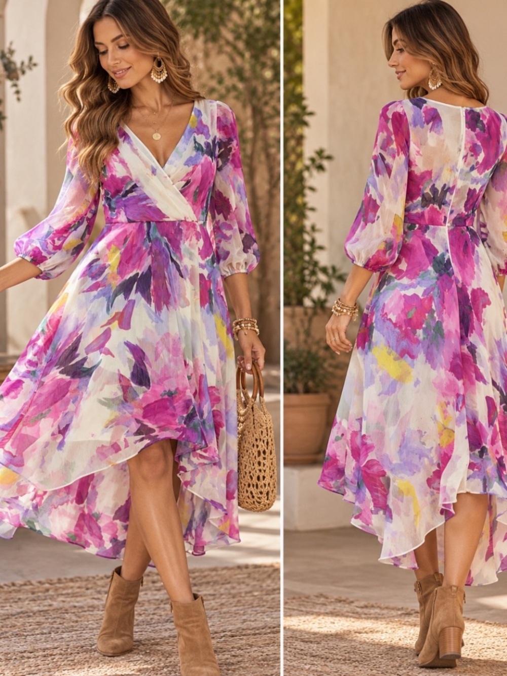 DKNY Floral Wrap Midi Dress — Pink & Lavender